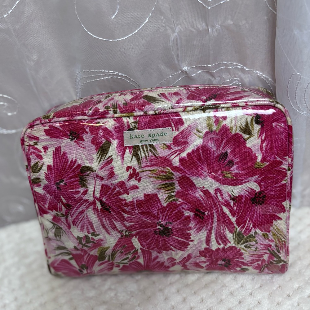 Kate Spade New York Pink Floral Plastic Coated Cosmetic Bag